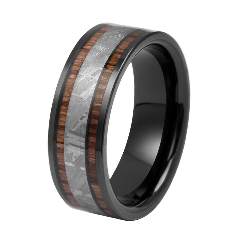 Premium Unisex Black Tungsten Wedding Rings with Wood & Iron Meteorite Inlay | Bulk Supplier