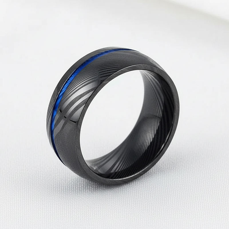 Anneaux en acier damas plaqués noir et bleu de 8 mm en gros en vrac – Alliances de mariage pour hommes Comfort Fit