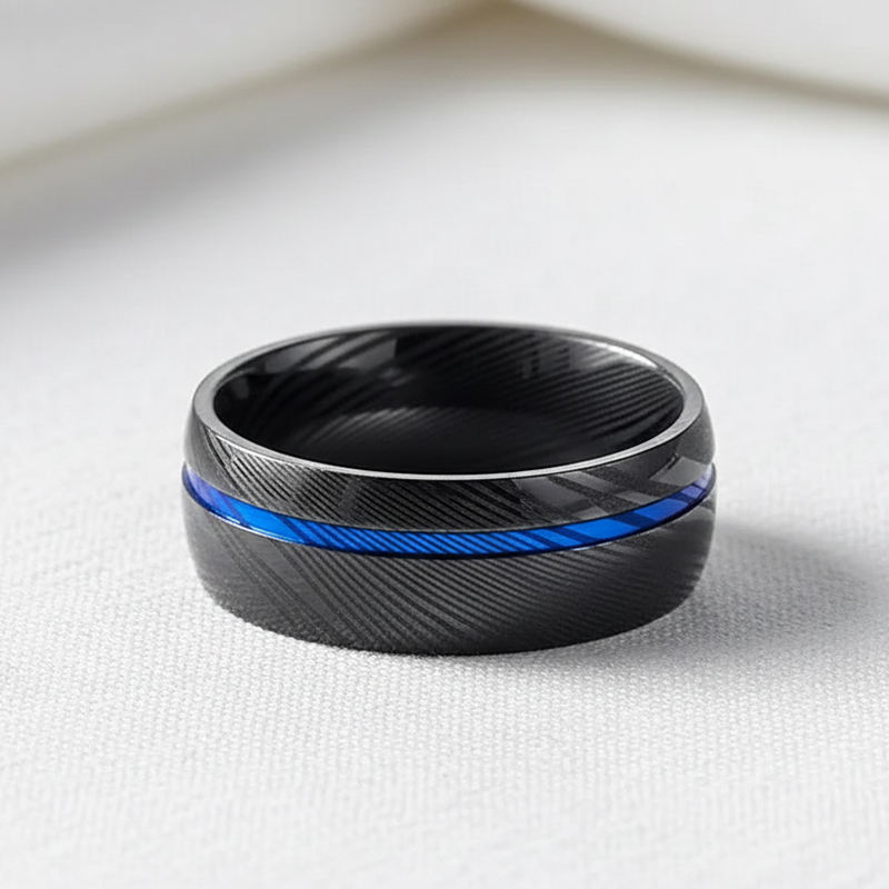 Anneaux en acier damas plaqués noir et bleu de 8 mm en gros en vrac – Alliances de mariage pour hommes Comfort Fit