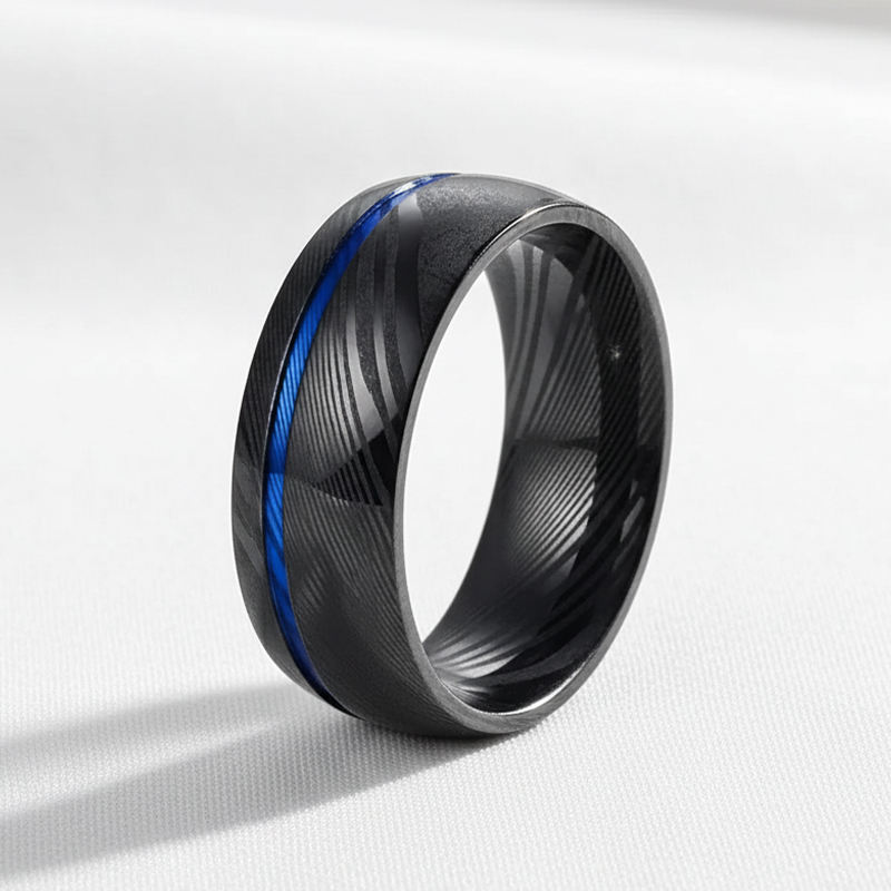 Anneaux en acier damas plaqués noir et bleu de 8 mm en gros en vrac – Alliances de mariage pour hommes Comfort Fit