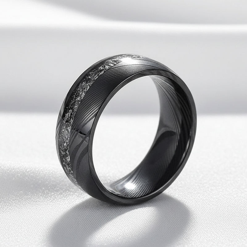 Alliances pour hommes en acier Damas noir de 8 mm avec incrustation de météorite - Fournisseur en gros en vrac