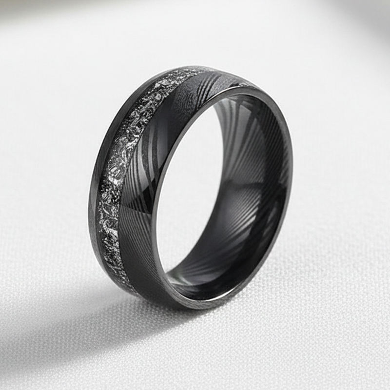 Alliances pour hommes en acier Damas noir de 8 mm avec incrustation de météorite - Fournisseur en gros en vrac