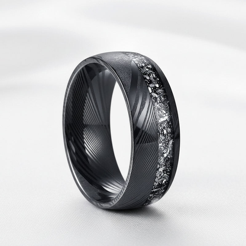 Alliances pour hommes en acier Damas noir de 8 mm avec incrustation de météorite - Fournisseur en gros en vrac