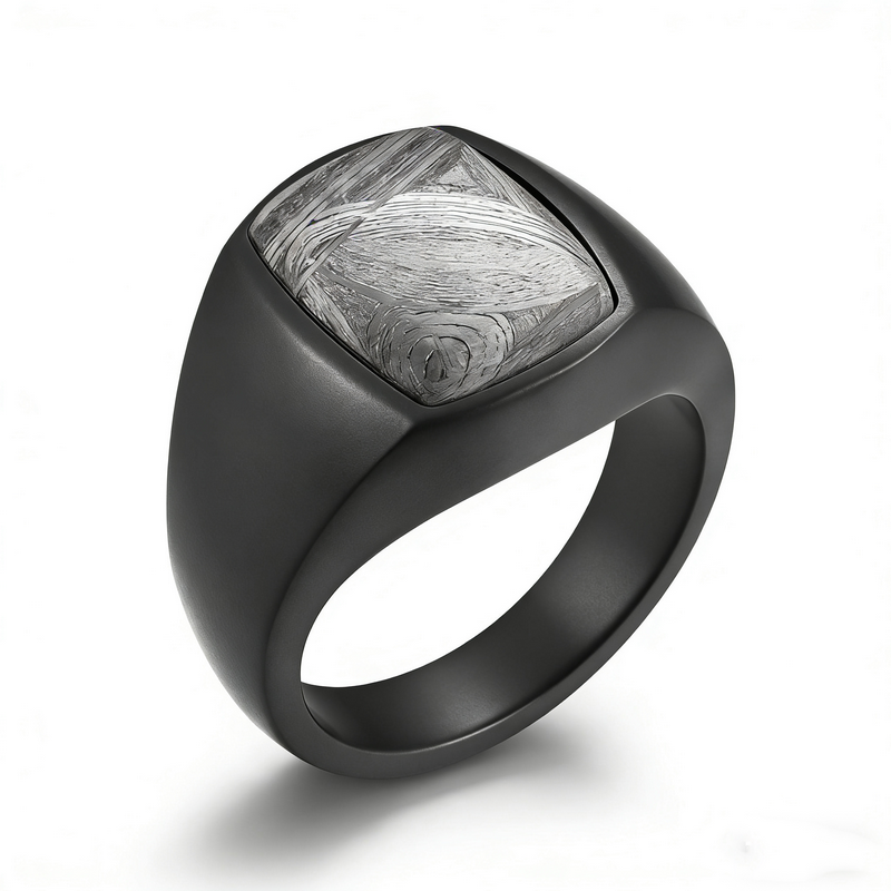Hochwertiger schwarzer Zirkonium-Siegelring für Herren mit Inlay aus natürlichem Meteorit – Premium-B2B-Lieferant und Hersteller