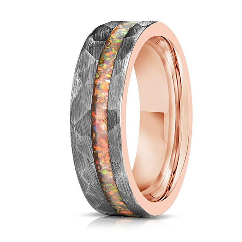 Bagues de couple en carbure de tungstène martelé de 6 mm avec placage en or rose et incrustation d'opale écrasée