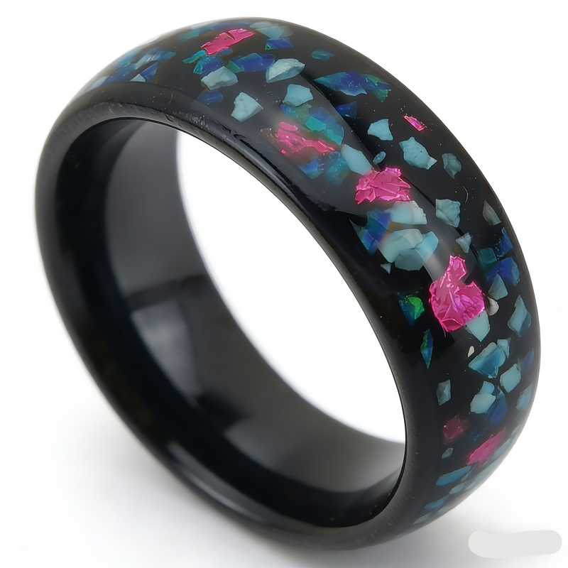 Bague bombée en carbure de tungstène noir hautement polie de 8 mm avec incrustation d'opale écrasée multicolore