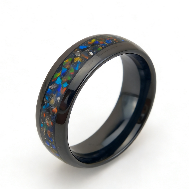 Premium 8mm Domed High-Polish Black Tungsten Carbide Ring with Multi-Color Crushed Opal Inlay