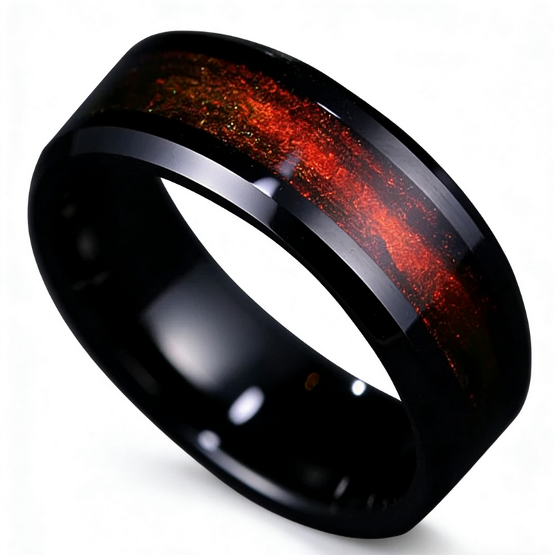 8mm Black Tungsten Wedding Band with Gold & Red Gradient Stone Inlay – Beveled Edge Design