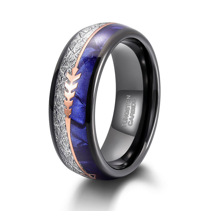 Große 8-mm-Hochzeitsringe aus Wolframkarbid in Gold und Schwarz für Herren mit Intarsien mit Meteoritenimitat und Lapislazuli – zweifarbiges Pfeildesign