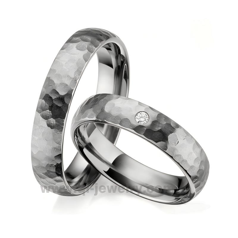 Hammered Pure Tantalum Couple Rings – Hypoallergenic Wedding Bands with Diamond Accent, His & Hers Set, Customizable