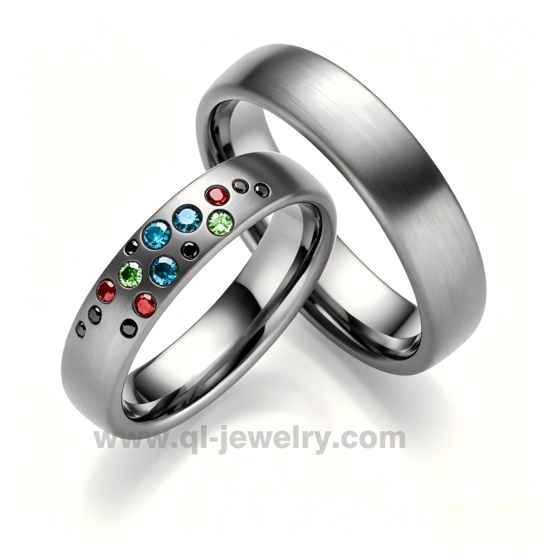 Anillos de pareja de tantalio premium, alianzas de boda de tantalio cepillado personalizadas con piedras preciosas - QL Jewelry Factory Direct