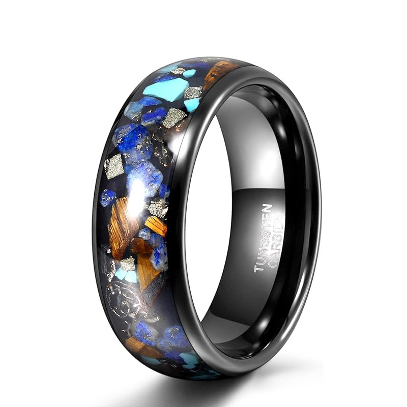 Bague en carbure de tungstène noir en gros – Incrustation multi-pierres (Lapis Lazuli, Œil de tigre, Turquoise et métal écrasé)