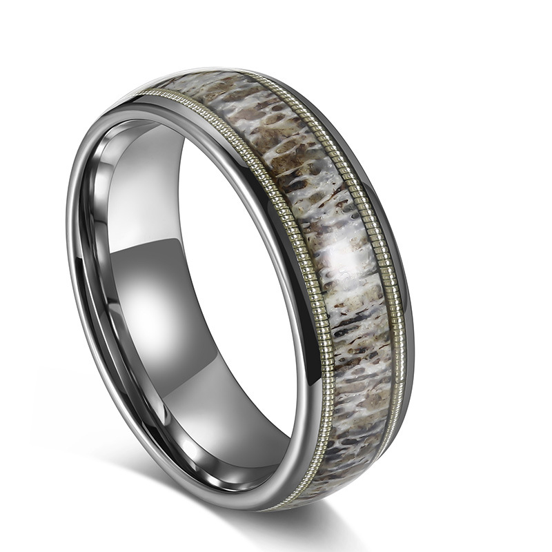 8mm Black Tungsten Carbide Ring for Men, Inlaid Deer Antler & Guitar String, Polished Wedding Band China Manufacturer