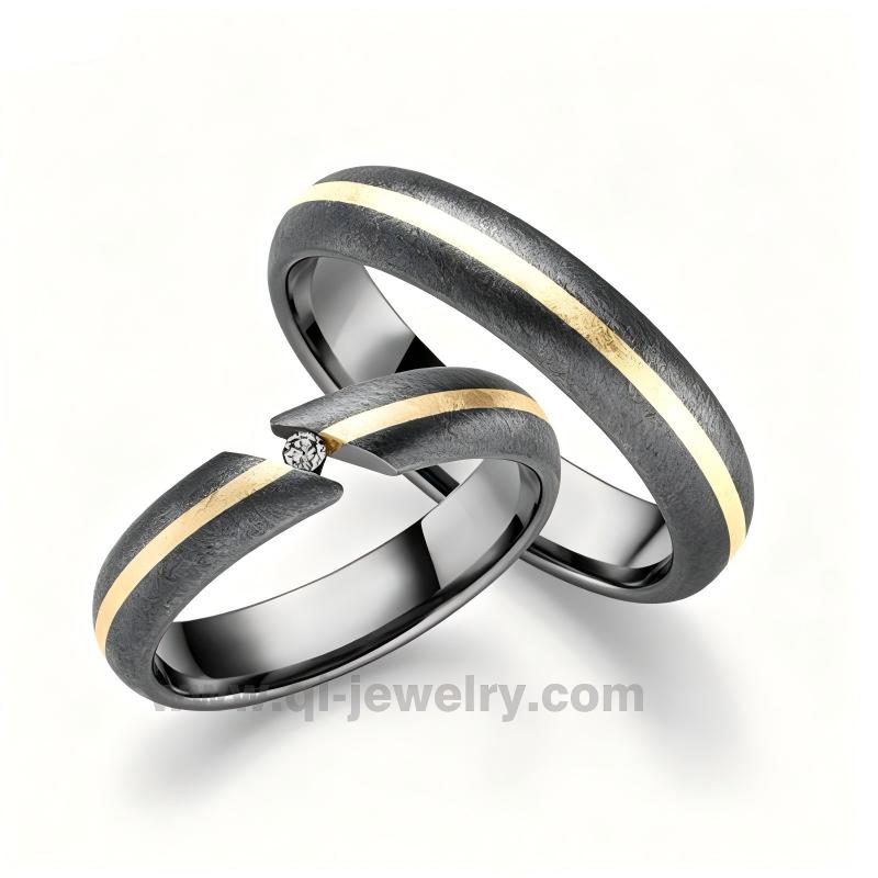 Custom Open Design  Tantalum Wedding Bands Black Matte Finish with Gold Inlay for Men & Women