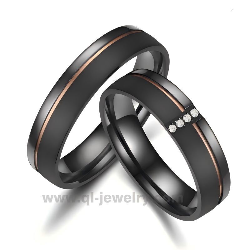 Customizable Matte Black Titanium Wedding Bands with Rose Gold Groove & Stone Setting