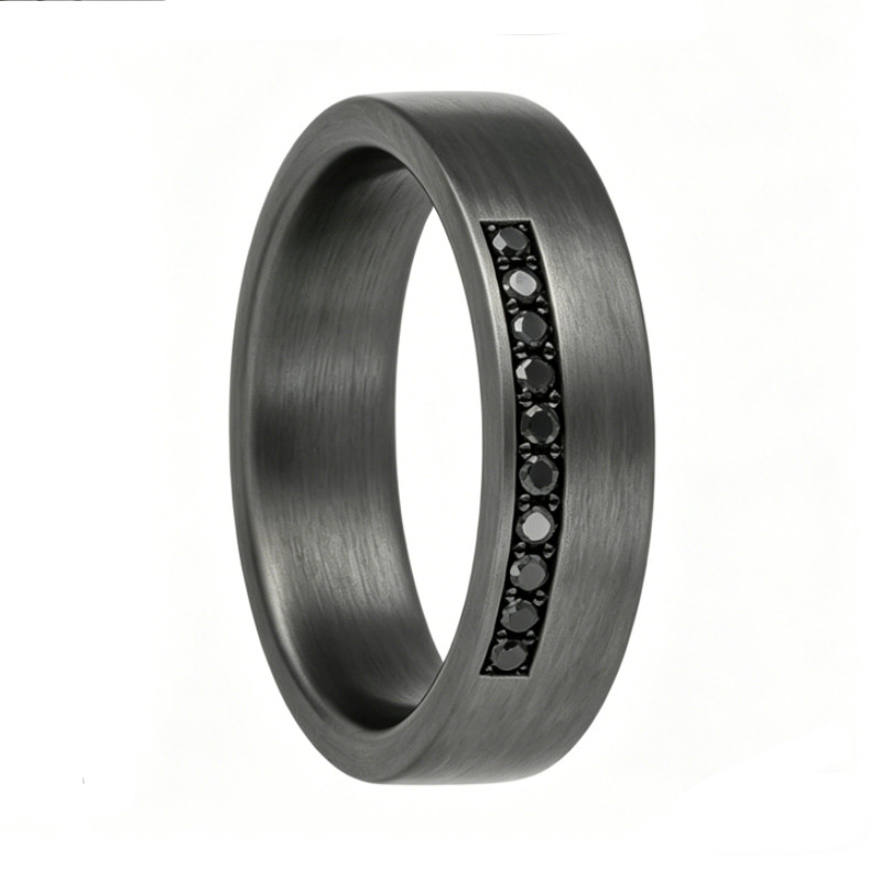 High Purity Tantalum Wedding Band with Black Diamond Channel Setting - Brushed Matte Finish Mens Ring