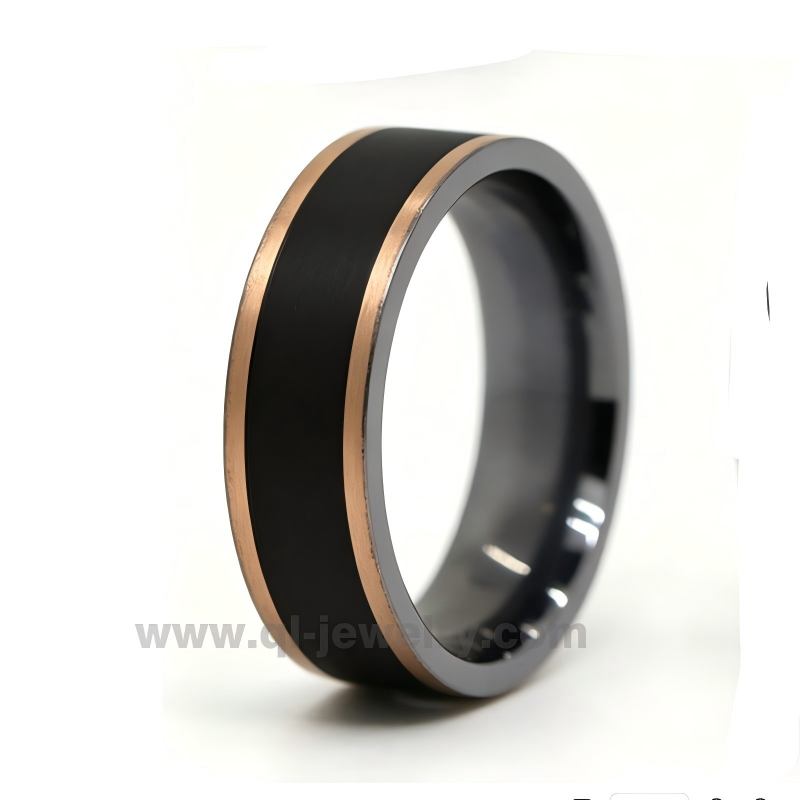 Two-Tone Tantalum Ring with Rose Gold Inlay & Black Center Band - Comfort Fit Wedding Band
