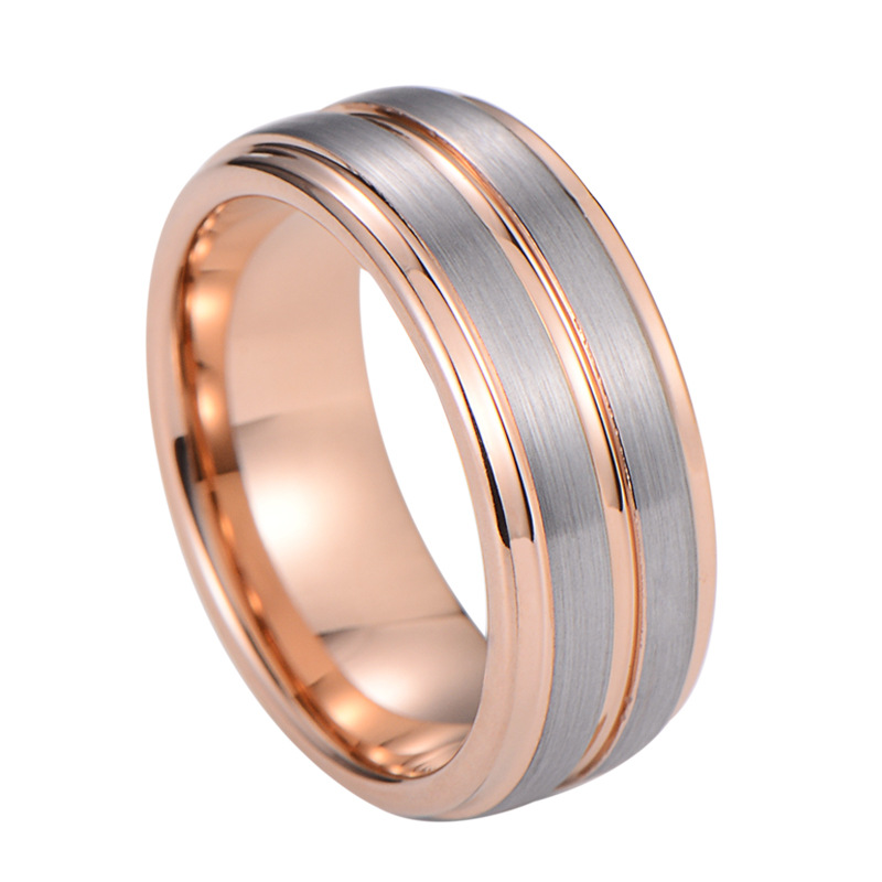 Anillo de tungsteno de dos tonos con borde escalonado de 8mm directo de fábrica, anillo de boda para hombres con incrustaciones de oro rosa central de plata cepillada natural