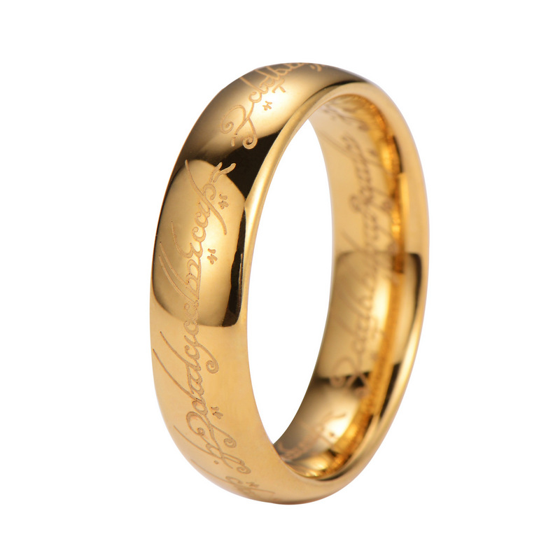 Anillo único de tungsteno chapado en oro de 6mm directo de fábrica, banda de escritura élfica láser del Señor de los anillos, joyería de moda para hombres y mujeres