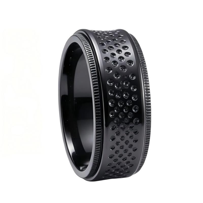 8mm Recessed Dot Knurled Edge Black Zirconium Ring Manufacturer | Custom Comfort Fit Mens Zirconium Wedding Band Wholesale Factory