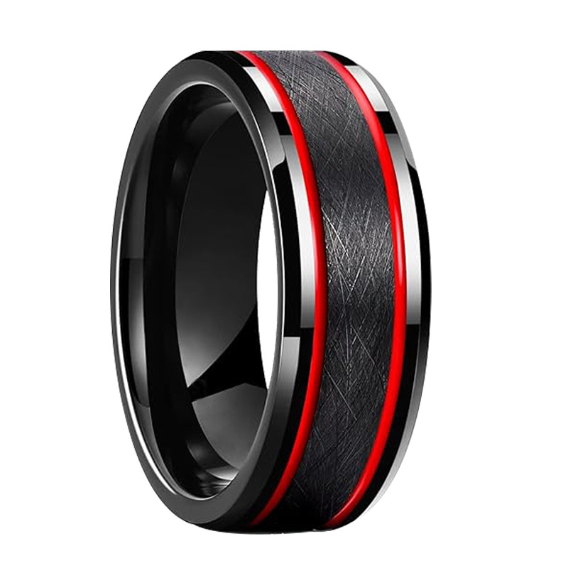 Anello in carburo di tungsteno spazzolato all'ingrosso della fabbrica con inserto in resina epossidica rossa, trama irregolare Moda maschile di fascia alta Gioielli per fede nuziale Logo personalizzato Fornitura all'ingrosso