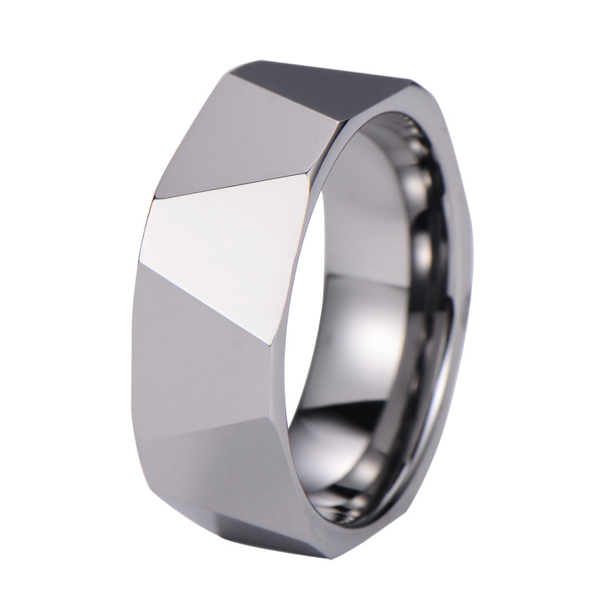 Factory Wholesale Polished Triangle Faceted Cut Tungsten Carbide Ring, Minimalist Fashion Multi-Faceted Men Wedding Band Jewelry Custom Laser Engraving OEM ODM Bulk Supply