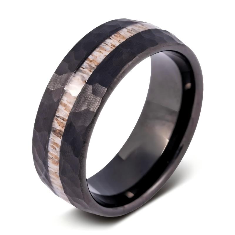 Factory Wholesale Hammered Tungsten Carbide Ring With Natural Antler Inlay, Vintage Textured Men Wedding Band, Custom Logo OEM ODM Sample Service Jewelry Manufacturer
