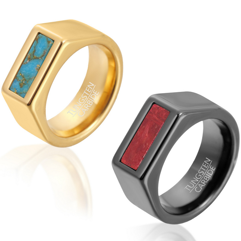 Factory Wholesale Geometric Signet Tungsten Carbide Ring With Natural Turquoise Coral Inlay, Irregular Beveled Men Statement Band, Custom Inner Engraving OEM ODM Bulk Supply