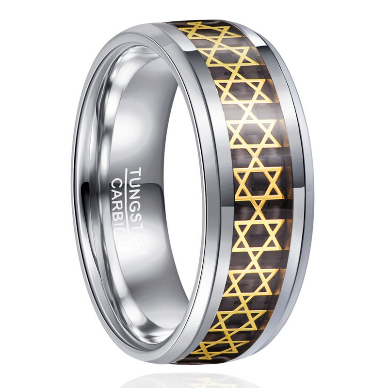 Bague en carbure de tungstène argenté de 8 mm, vente en gros d'usine avec incrustation d'étoile de David en or, bande de mariage pour hommes à rainure en fibre de carbone, gravure laser personnalisée, approvisionnement en vrac OEM ODM