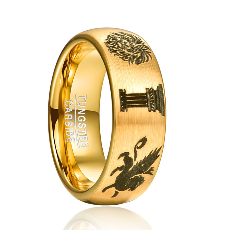 Anillo de carburo de tungsteno chapado en oro cepillado de 8 mm al por mayor de fábrica, alianza de boda para hombres con patrón de león, pilar y grifo grabado con láser, grabado láser interno personalizado OEM ODM suministro a granel