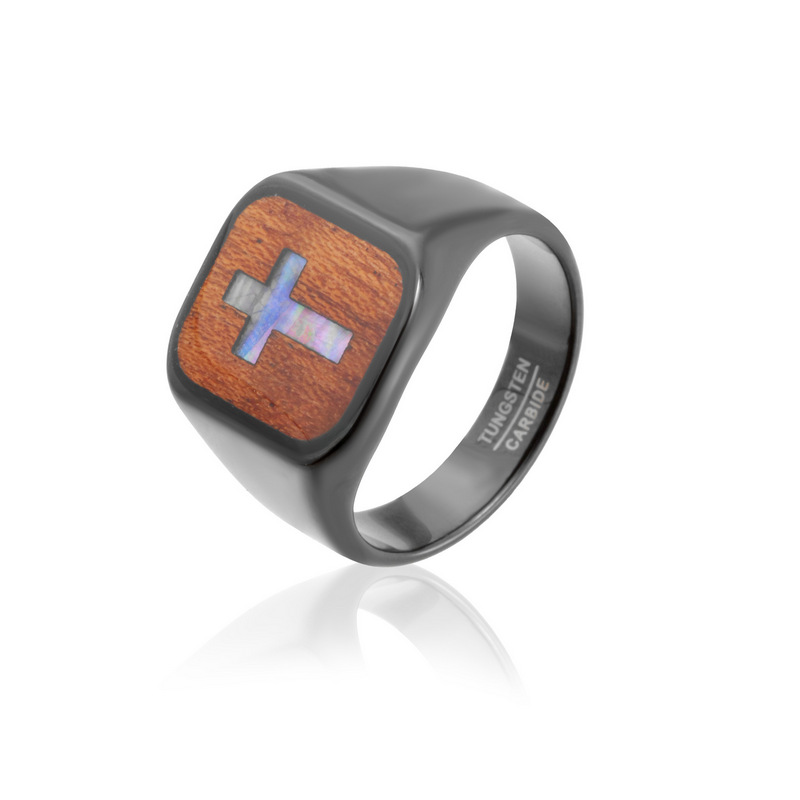 Anillo de carburo de tungsteno con sello cuadrado pulido negro al por mayor de fábrica, incrustación de madera con patrón de cruz de concha de abulón, anillo de declaración religiosa para hombres Grabado interior personalizado OEM ODM suministro a gr