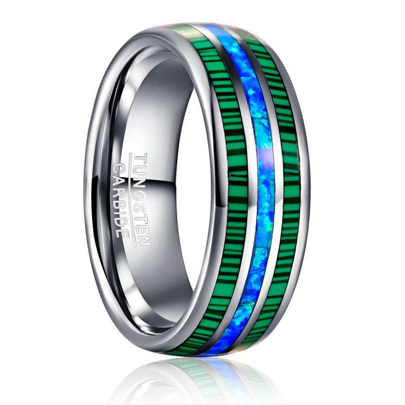 Factory Wholesale 8mm Polished Silver Tungsten Carbide Ring, Central Crushed Blue Opal Inlay With Synthetic Malachite Strip, Men Wedding Band Custom Inner Laser Engraving OEM ODM Bulk Supply