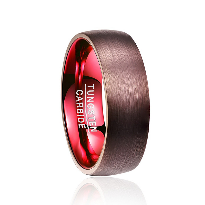 Factory Wholesale 8mm Brushed Brown Electroplated Tungsten Carbide Ring, Comfort Fit Domed Shape, Gloss Red Inner Wall Men Wedding Band, Custom Inner Laser Engraving OEM ODM Bulk Supply