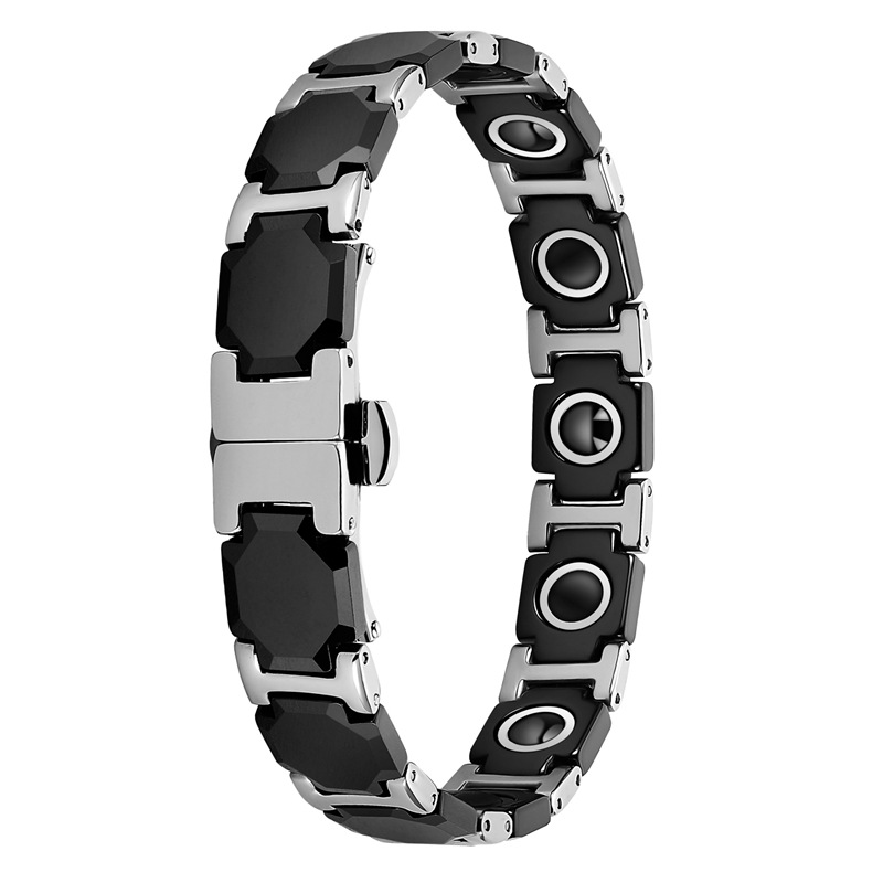 Men Black Zirconia Ceramic 304 Stainless Steel I‑Links Bracelet, 316L Double Push Deployant Clasp, Embedded Magnetic & Germanium Stones Therapy Link Bracelet