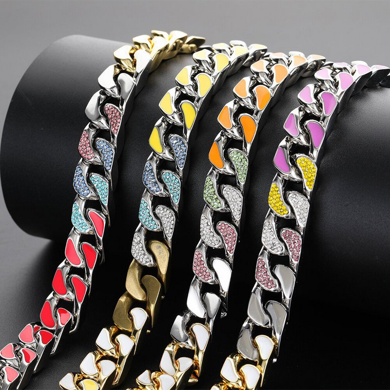 Collier à maillons cubains en émail de couleur glacée pour femmes, en acier inoxydable 304, bijoux Hip Hop en gros en usine