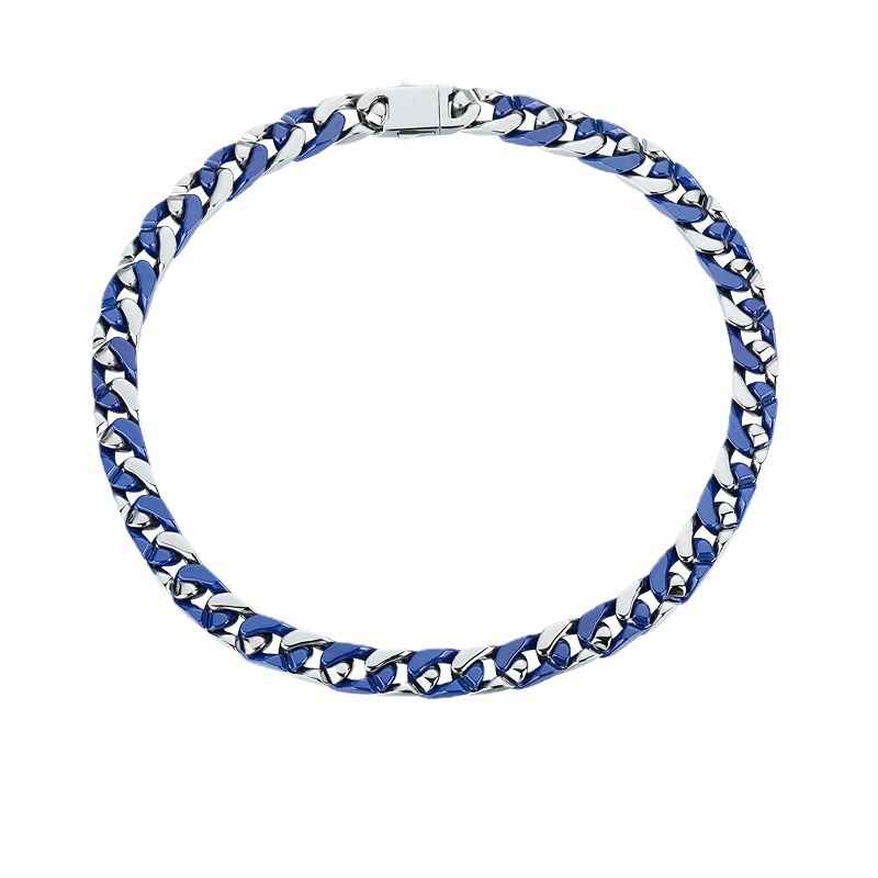 Blue Ceramic & Titanium Steel Cuban Link Chain, Men's Necklace & Bracelet Set, 12mm Wide Hip Hop Jewelry, Wholesale