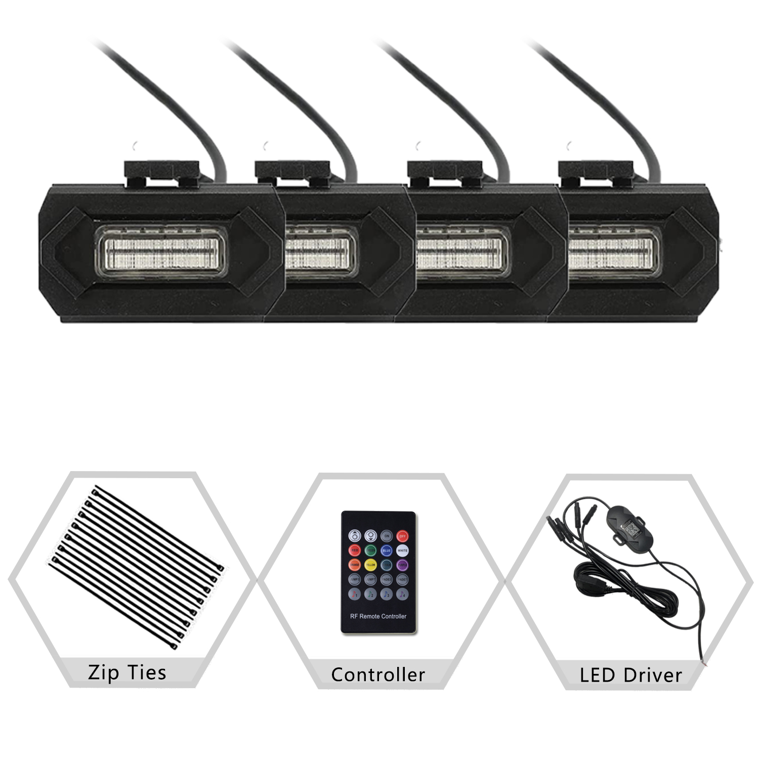 All-aluminum 5-Sides RGB LED Rock Lights Kit Multicolor Neon Accent Music Underbody Lighting Underglow Kits with RF Controller for Off-Road Cars - COPY - 00987n