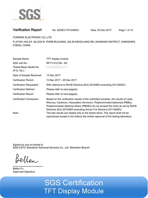 SGS Certification of Wandisplay TFT Display Module