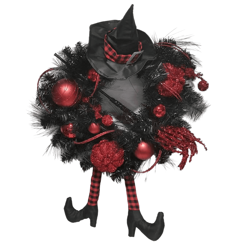 Senmasine 24 インチ ハロウィン 魔女のレッグ リース レッドグリッターつまらないカボチャほうき帽子フロントドア吊り下げ装飾付き