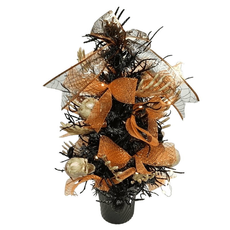 Senmasine ハロウィン鉢植えツリー キラキラリボン付き 人工緑の葉 オレンジベリー 不気味な目のテーブル装飾
