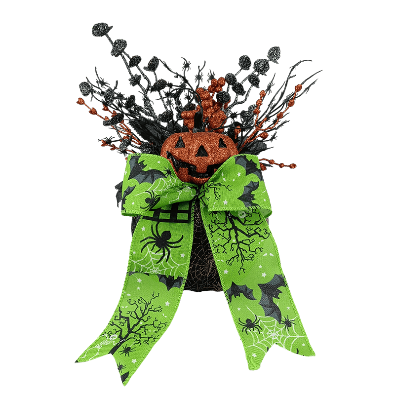 Senmasine Decorazione di zucca di Halloween con fiocchi di nastro glitterato Ragno artificiale con foglie nere