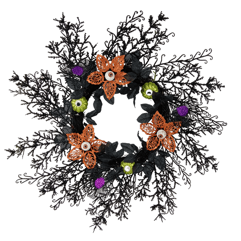 Senmasine 26 インチ フロントドア ハロウィン リース 吊り下げ装飾用 黒支店 人工葉 不気味な目 花 カボチャ