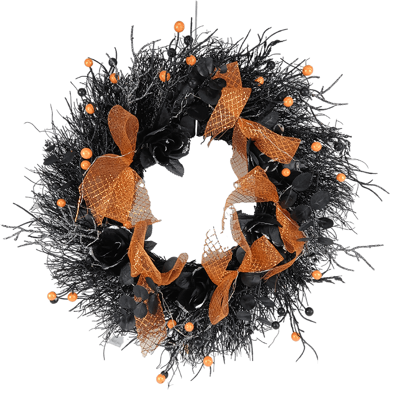 Senmasine Corona da 22 pollici per Halloween Fiori di rosa artificiali neri Ramo morto Foglie Fiocco di nastro arancione
