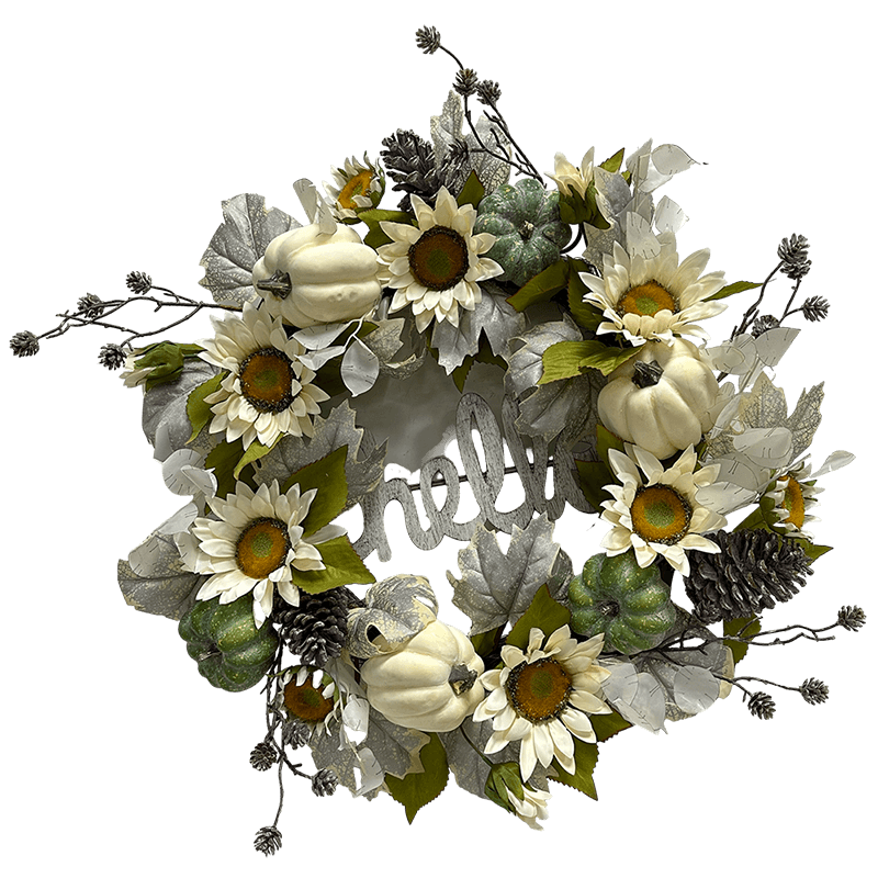 Senmasine 24-дюймовый венок из тыквы на День благодарения с белым подсолнухом, блестящая шишка, знак «Hello», осенний декор