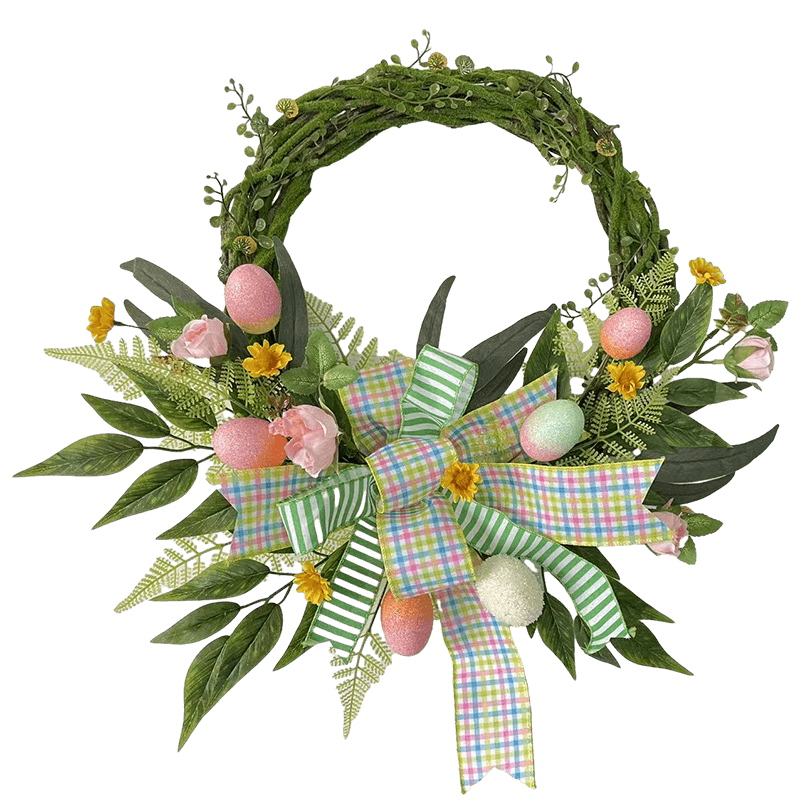 Senmasine – couronne de décoration de pâques, pour porte d'entrée, œufs mélangés, feuilles artificielles, fleurs, ruban de carotte, 22 pouces, 24 pouces