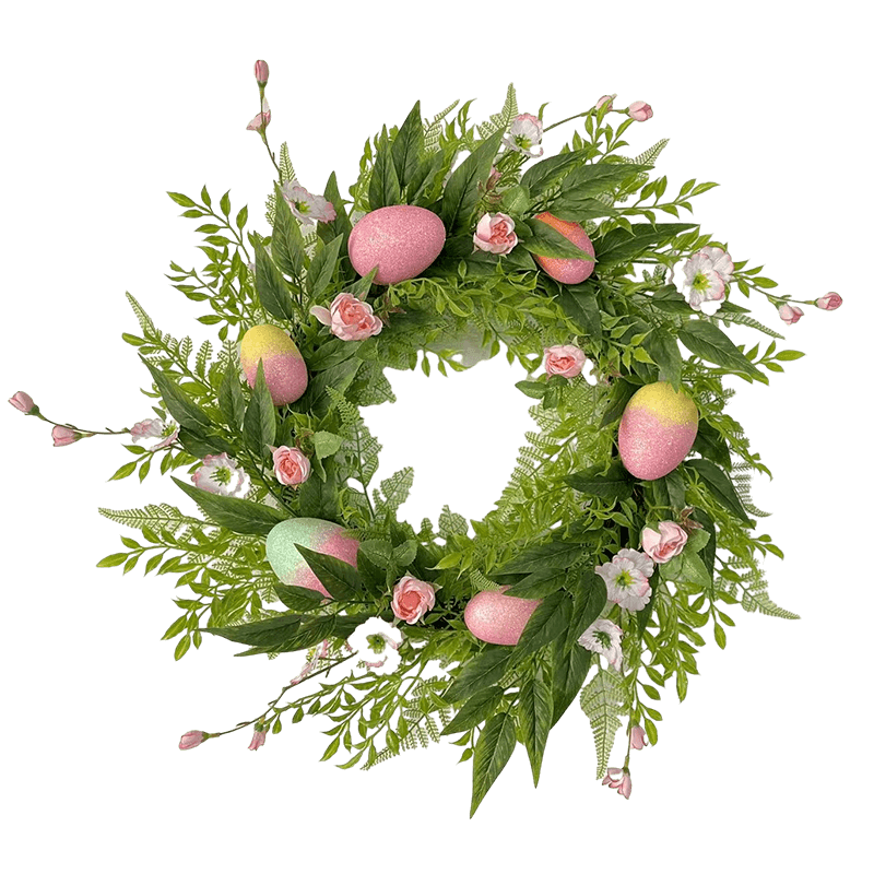 Senmasine – couronne de pâques artificielle, 22 pouces, 24 pouces, avec œufs colorés, fleurs de lapin, feuilles vertes, décoration