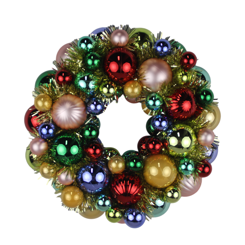 Senmasine 33 厘米小玩意花环，配有彩色闪亮球混合金属丝前门悬挂圣诞装饰