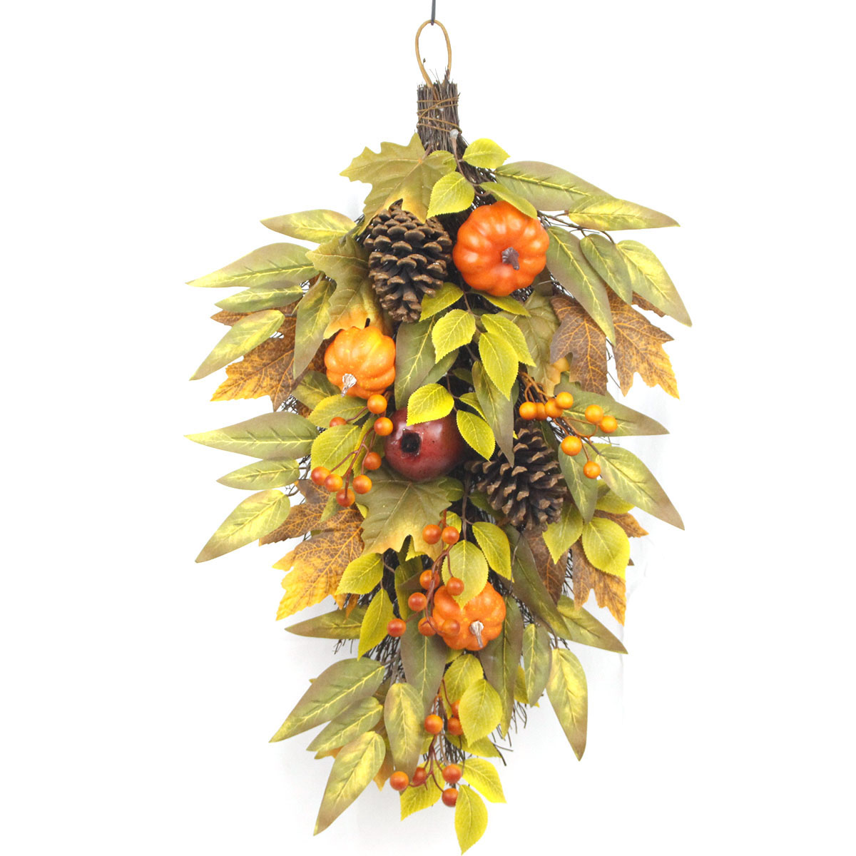 Senmasine botín de otoño con calabaza, bayas artificiales, hoja de arce de otoño, decoración colgante para puerta de Acción de Gracias
