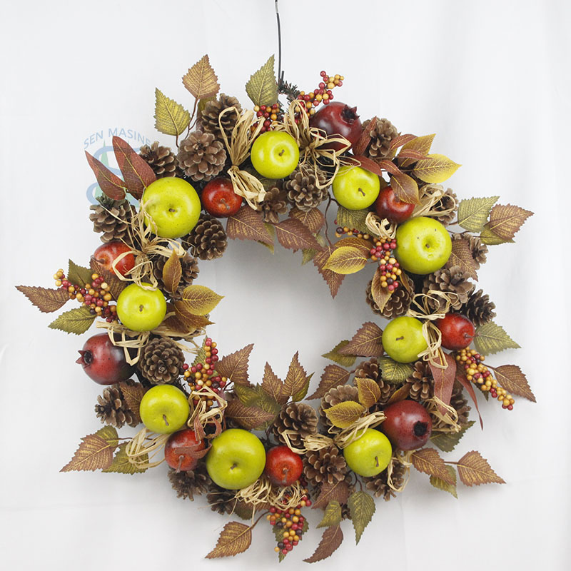 Senmasine autumn wreath with pinecones Pumpkin Artificial Berries Fall Maple Leaf Thanksgiving hanging Decor - COPY - 0km56b