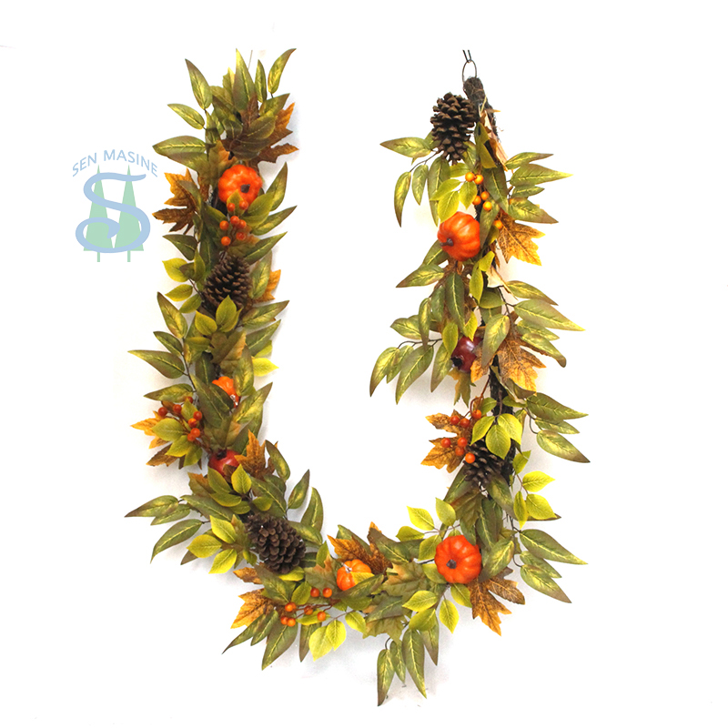 Senmasine 6 英尺秋收南瓜花环带松果人造叶石榴前门悬挂装饰